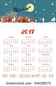 Calendar 2017.New year,Christmas.Santa Claus coming to the city and throws gifts.Moon background,winter landscape. Flat Vector illustration.Week started from Sunday
