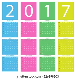 Calendar for 2017 year.Week starts sunday.Vector design template.