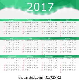 Calendar for 2017 year.Week starts sunday.Vector design template.