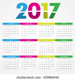 Calendar for 2017 year.Week starts sunday.Vector design template.