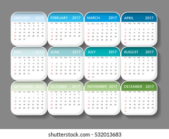 Calendar for 2017 year.Week starts with sunday.Vector design template.