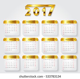 Calendar for 2017 year.Week starts sunday.Vector design template.