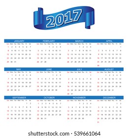 Calendar for 2017 year.Week starts sunday.Vector design template.
