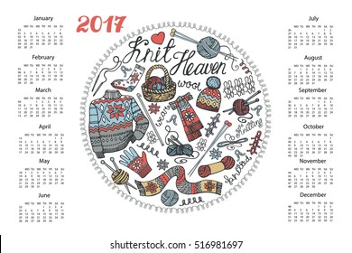 Calendar 2017New year.Doodles Hand made knitting circle composition Colored hand drawing sketch.Vintage label.Knitti  wear,yarn,supplies.Winter fashion.Vector Design template,holiday background,retro.
