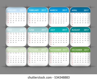 Calendar for 2017.Vector design template.Week starts sunday.