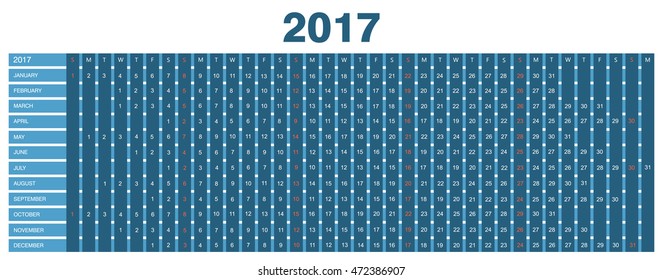 Calendar 2017.Week starts from Sunday.Vector design template.