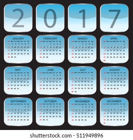 Calendar 2017.Week starts from sunday.Vector illustration.
