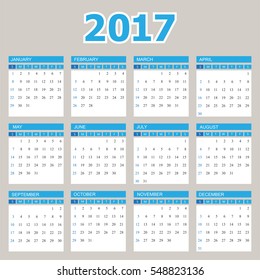 Calendar for 2017.Week starts from sunday.Vector illustration.