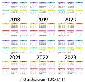 Calendar 2018, 2019, 2020, 2021, 2022, 2023 year. Week starts Sunday. Vector. Stationery 2019 vertical template in simple minimal design. Yearly calendar organizer for weeks. Portrait orientation.