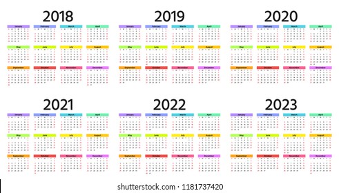 Calendar 2018, 2019, 2020, 2021, 2022, 2023 year. Week starts Sunday. Vector. Stationery 2019 horizontal template in simple minimal design. Yearly calendar organizer for weeks. Landscape orientation.