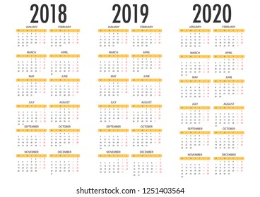 Calendar for 2018 2019 2020 on white background. Week Starts Monday. Simple Vector Template