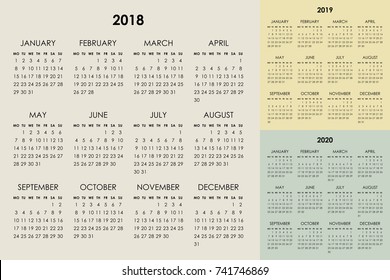 Calendar for 2018, 2019, 2020 years. Week starts monday