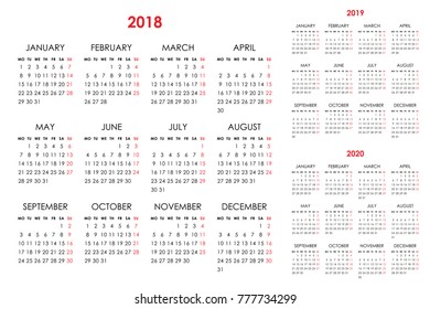 Calendar for 2018, 2019, 2020 years on white background. Week starts monday