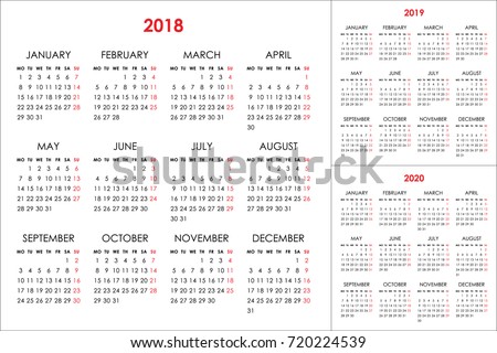 Calendar for 2018, 2019, 2020 years on white background. Week starts monday