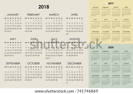 Calendar for 2018, 2019, 2020 years. Week starts monday