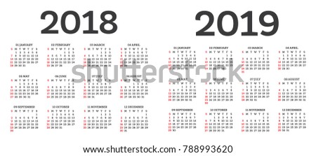 Calendar 2018 2019 Isolated on White Background. Week starts from Sunday. Vector Illustration.