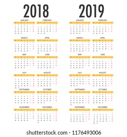 Calendar for 2018 2019 on white background. Week Starts Monday. Simple Vector Template