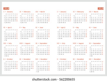 Calendar for 2018 and 2019 year on white background. Vector design print template. Week starts Monday. Stationery design