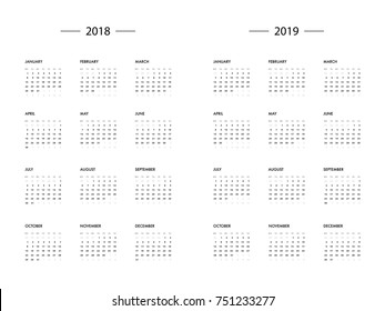 Calendar 2018 2019 year template.  Vector template calendar 2018 isolated. Planer for the new year minimalist style.