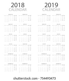 Calendar for 2018 and 2019 years in flat style, vector