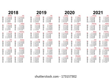 calendar for 2018 to 2021 years