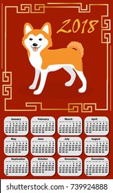 Calendar 2018 in the asia style with dog and  Chinese frame. Week starts from monday. Template for your design on a red background. Chinese New Year concept. Vector illustration