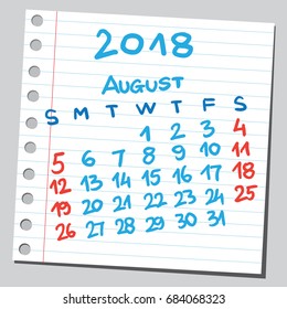Calendar 2018 august ( sketch style )