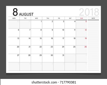 Calendar 2018 August week start on Monday corporate design template vector.