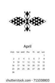 Calendar 2018 in aztec style. For print, decor and creative design. Vector illustration