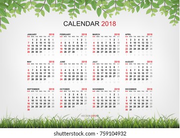 Calendar 2018 background with framing of green leaves and green grass. Natural abstract background with sign and symbol. Vector illustration.