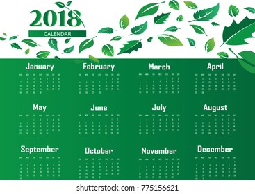 Calendar 2018 background with green leaf . Natural abstract background with sign and symbol. Vector illustration.