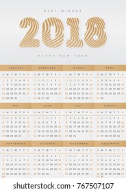 Calendar 2018 black gold style on white background with sign happy new year. Week starts monday. Eps10 vector illustration