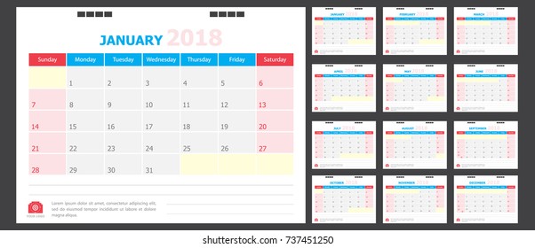 Calendar for 2018 blue and red background