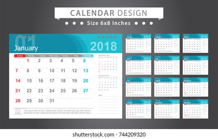 Calendar 2018 blue template design with place for photo and company logo. Week starts on sunday. Set desk calendar of 12 months. size 6x8 inches.