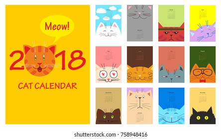 Calendar for 2018 with bright, unusual, funny and different little cats for each month. Set of vector drawings