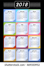 Calendar 2018, calendarium on memory blocks, multicolored background, vintage patterns in white outline, paper with rolled corner