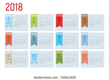 Calendar 2018 with color ribbon. Week Starts Sunday.