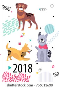 Calendar for 2018 cover with pedigree dogs. Friendly rottweiler, playful fox terrier and calm malamute among geometric shapes vector illustration.