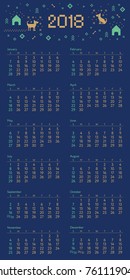 Calendar 2018 with cross stitch dog pixel art. Starts on sunday