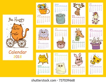 Calendar 2018. Cute animals for every month. Vector. Isolated.