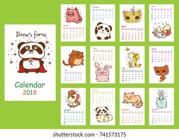Calendar 2018. Cute animals for every month. Vector. Isolated.