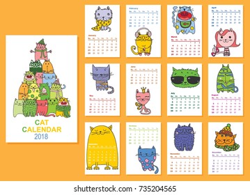 Calendar 2018. Cute cats for every month. Vector. Isolated.