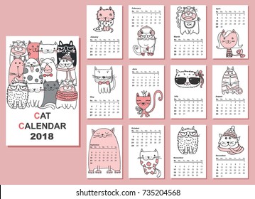 Calendar 2018. Cute cats for every month. Vector. Isolated.