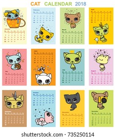 Calendar 2018. Cute cats for every month. Vector. Isolated.
