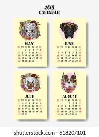 Calendar 2018. Cute dogs set of 4 month. 2018 Chinese new year with text and dog zodiac and flowers decoration vector design.