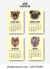 Calendar 2018. Cute dogs set of 4 month. 2018 Chinese new year with text and dog zodiac and flowers decoration vector design.