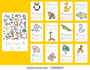 Calendar 2018. Cute doodle animals for every month. Vector. Isolated.