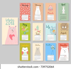 Calendar 2018. Cute calendar with funny cartoon animals