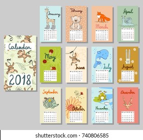Calendar 2018. Cute calendar with funny cartoon owls