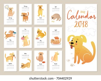 Calendar 2018. Cute monthly calendar with dogs.